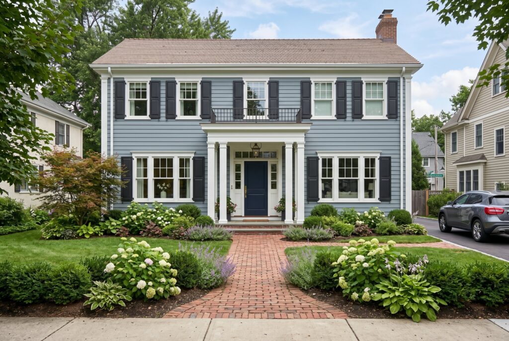 Muted blue grey colonial exterior house with white trim and traditional curb appeal.