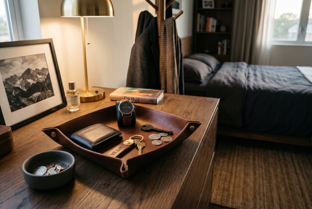 Bedroom drop zone organizer with leather valet tray, watch storage, and wood dresser. 