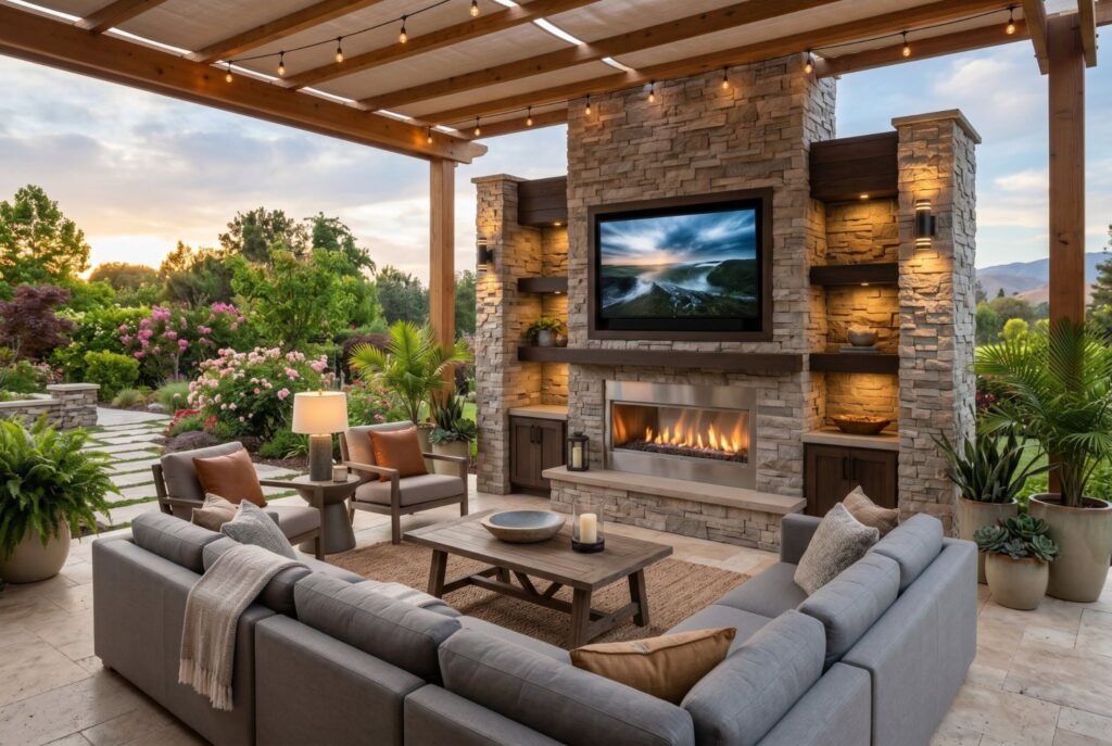 Outdoor fireplace with mounted TV and complete luxury outdoor living room setup.