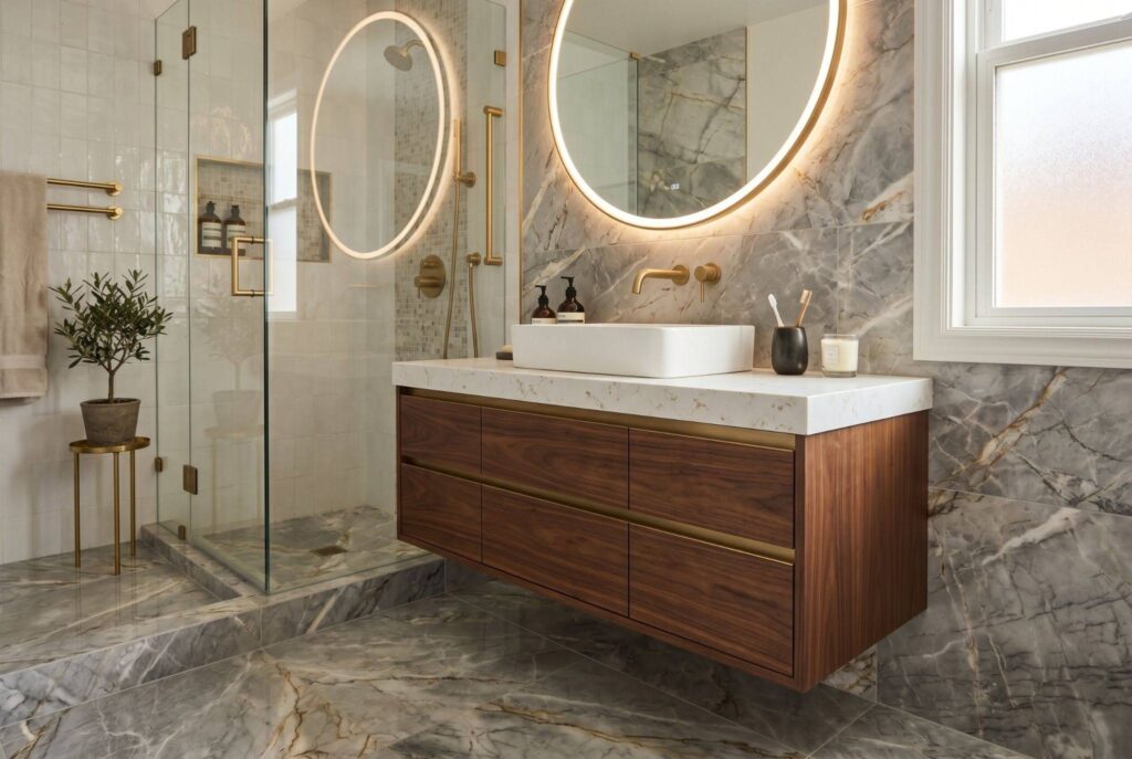 Frameless glass shower ideas with floating vanity and luxury small bathroom layout. 