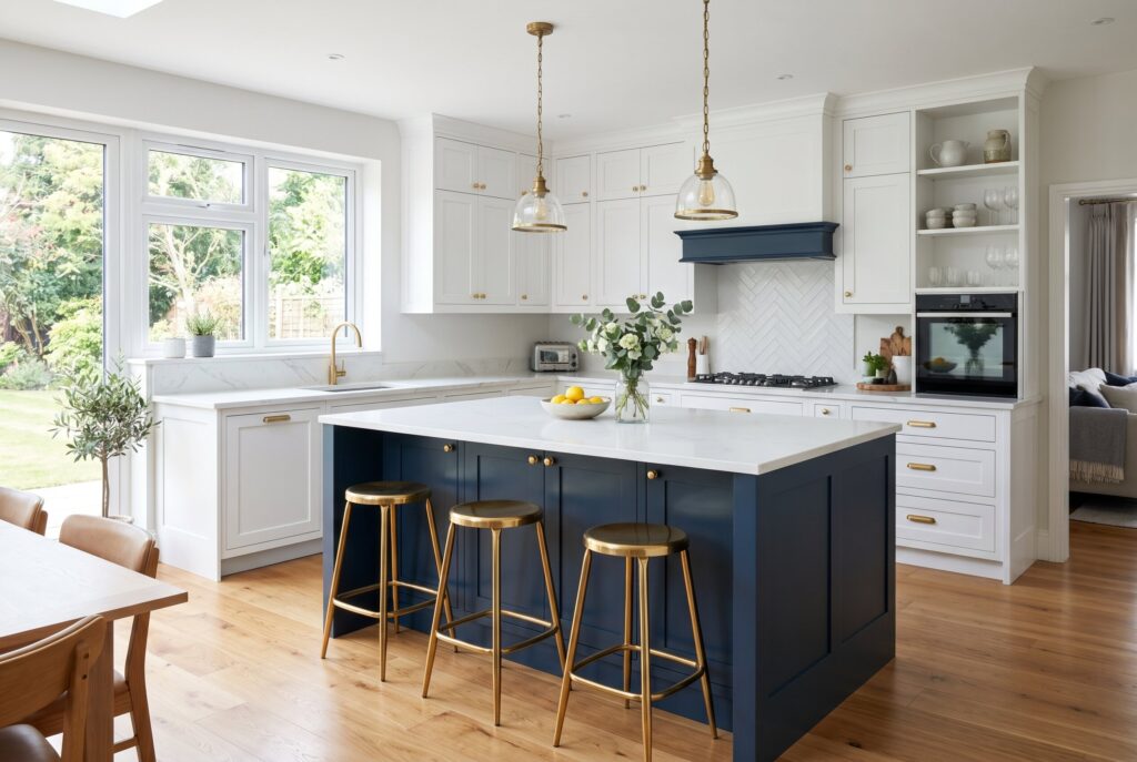Navy blue kitchen island surrounded by white cabinets and warm wood flooring.
