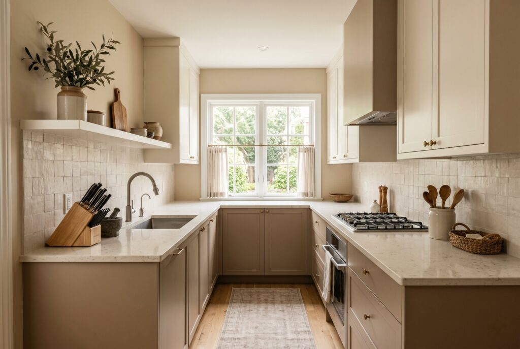 Soft beige galley kitchen with marble countertops, warm lighting, and elegant neutral tones.