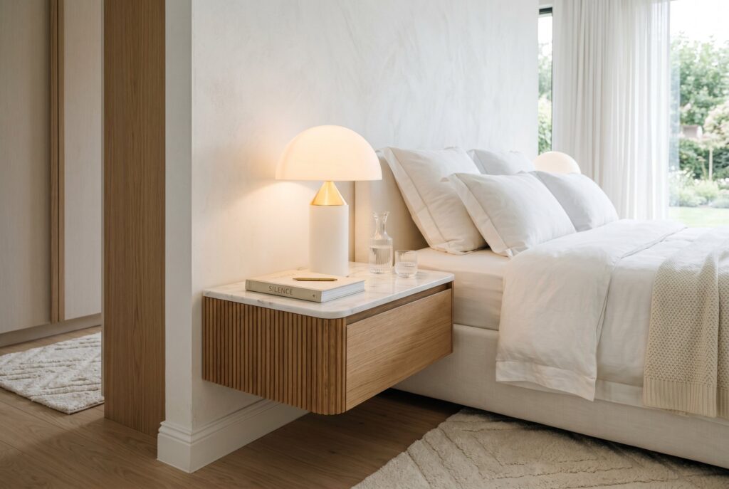 Clutter free floating nightstand styling in minimalist white bedroom design ideas.