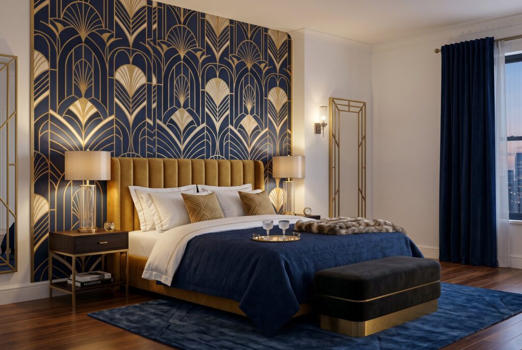 Art Deco bedroom with geometric wallpaper, velvet bed, and elegant gold framed mirror. 
