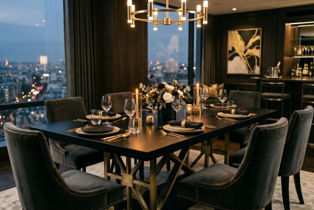 Black and gold dining table in luxury Art Deco interior with dramatic city skyline views. 