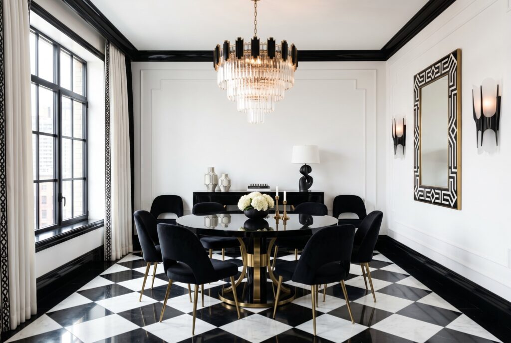 Black and white Art Deco dining room with checkerboard floor and crystal chandelier interior design.