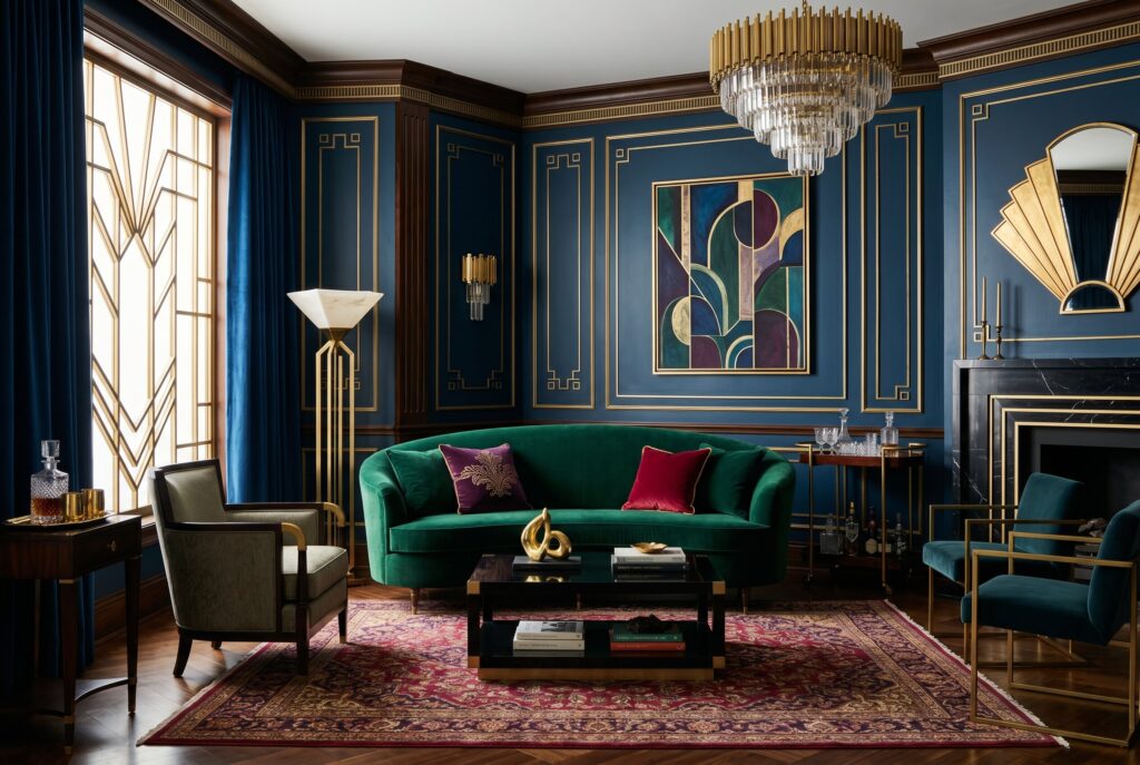 Art Deco living room with jewel tones, emerald sofa, and dramatic blue paneled walls. 