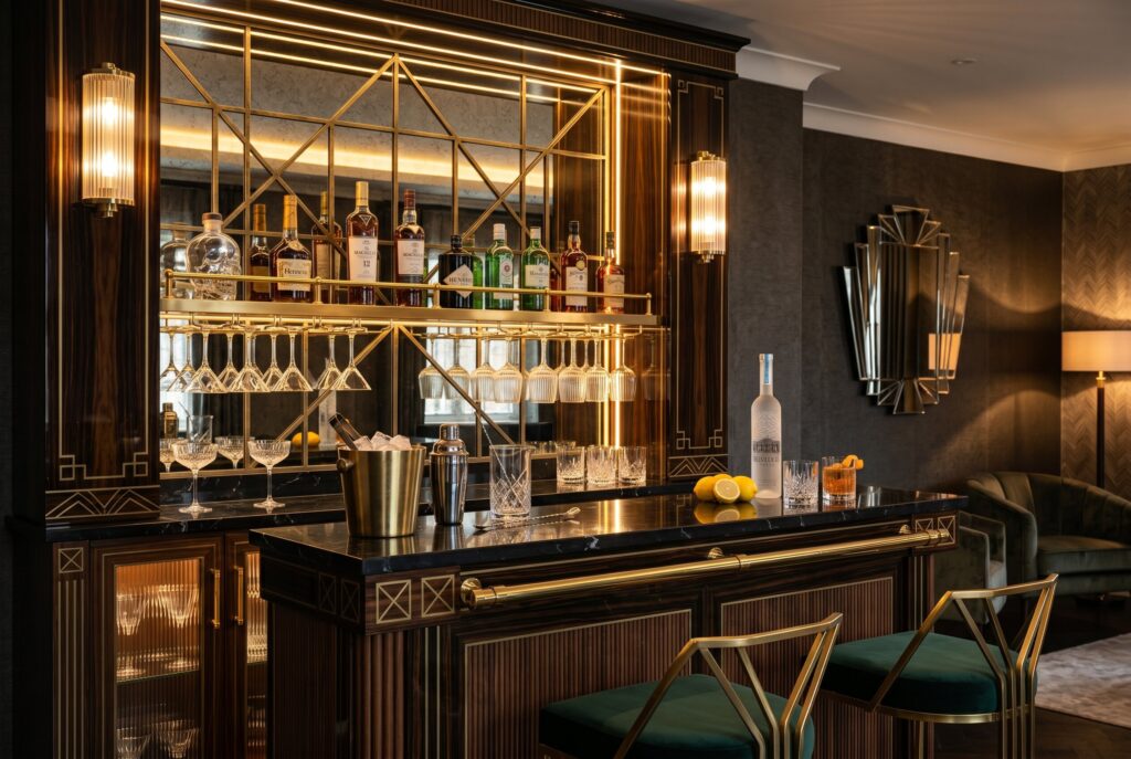 Luxury Art Deco home bar with brass shelving, mirrored backsplash, and moody lighting.