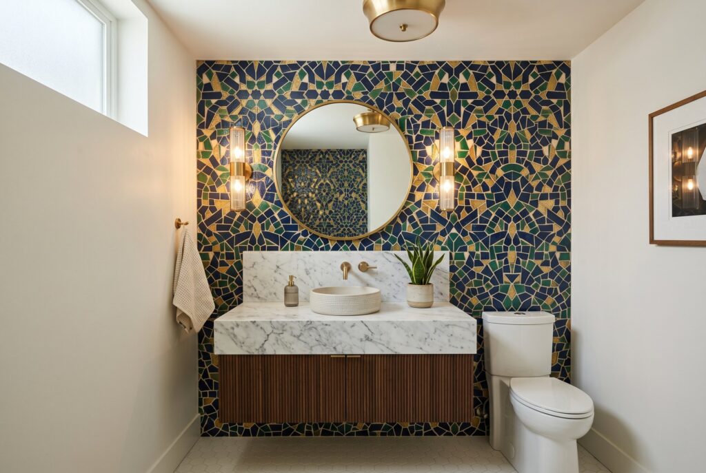 Bold mosaic powder room tile ideas with colorful accent wall and floating vanity. 
