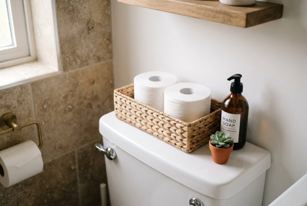 Wall mounted toilet paper holder with built in shelf and modern bathroom tile design. 