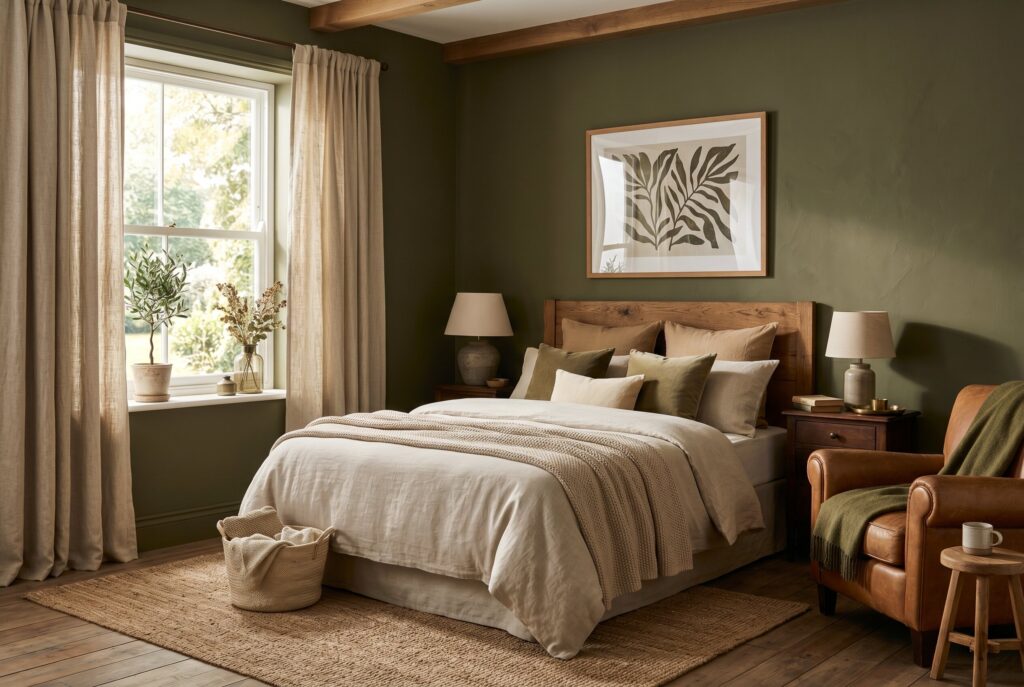 Silver toned eucalyptus bedroom paint with white bedding and light oak furniture.