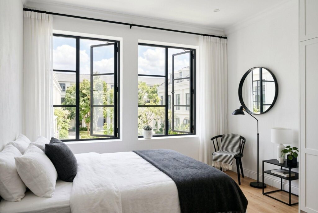 Black window frame bedroom ideas with white bedding and minimalist modern decor.