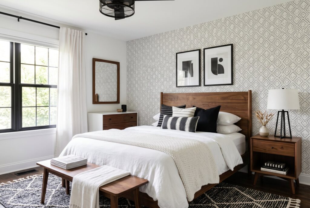 Walnut wood bedroom furniture in black and white bedroom with textured wallpaper. 