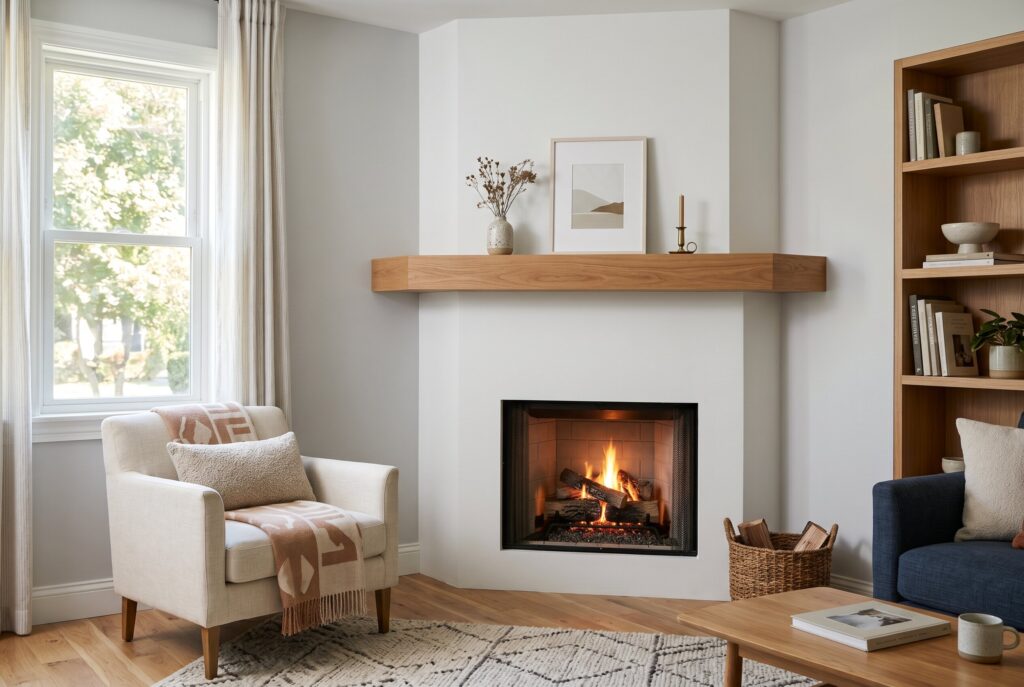 Floating mantel corner fireplace ideas with minimalist styling and organic modern living room. 