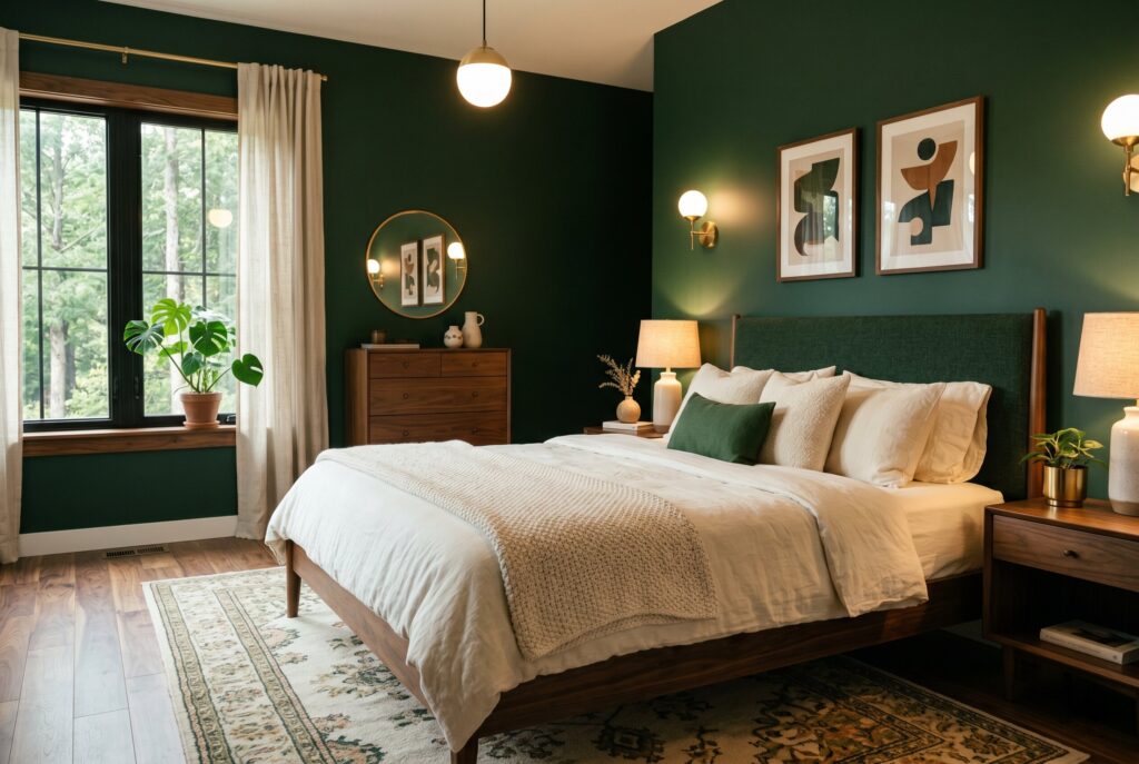 Forest green bedroom with walnut furniture and cream bedding in mid century style.