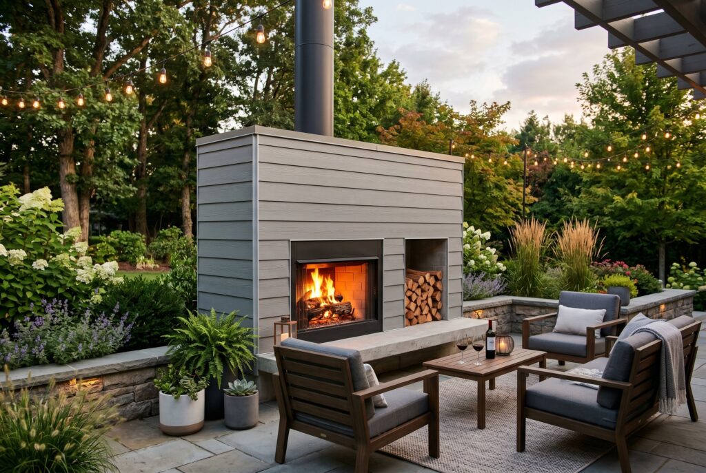 Modern DIY outdoor fireplace with sleek gray finish, patio seating, and built in wood storage. 