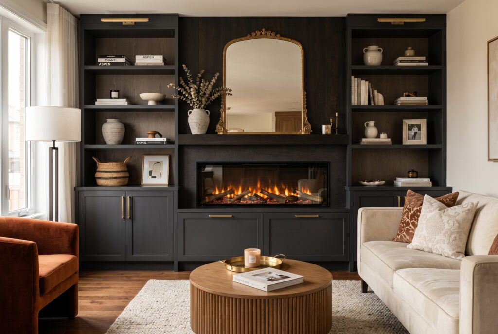 Built in electric fireplace with shelving and luxury fireplace wall storage design. 