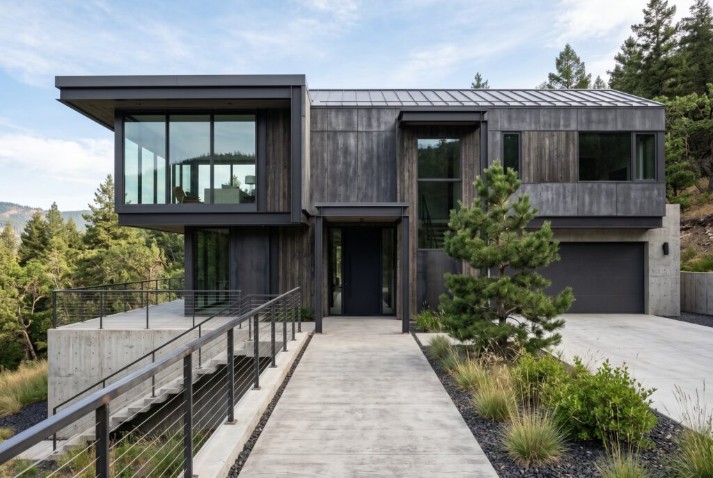 Blackened grey industrial exterior house with concrete walkways and oversized windows.