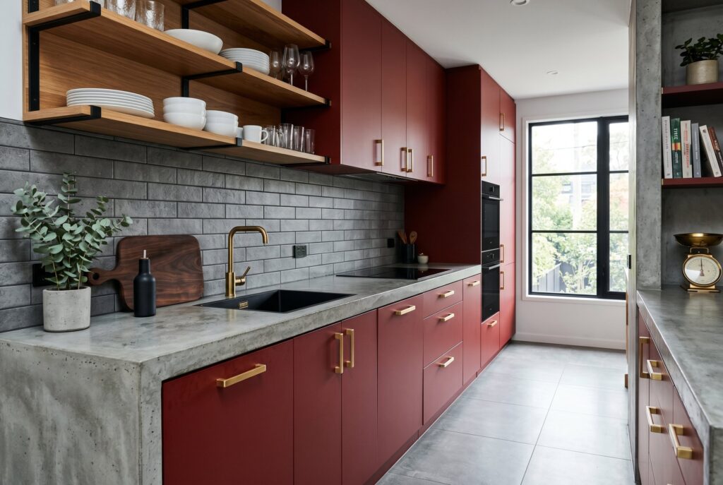 Industrial-style galley kitchen with matte red cabinetry, concrete counters, and dark tile backsplash. 