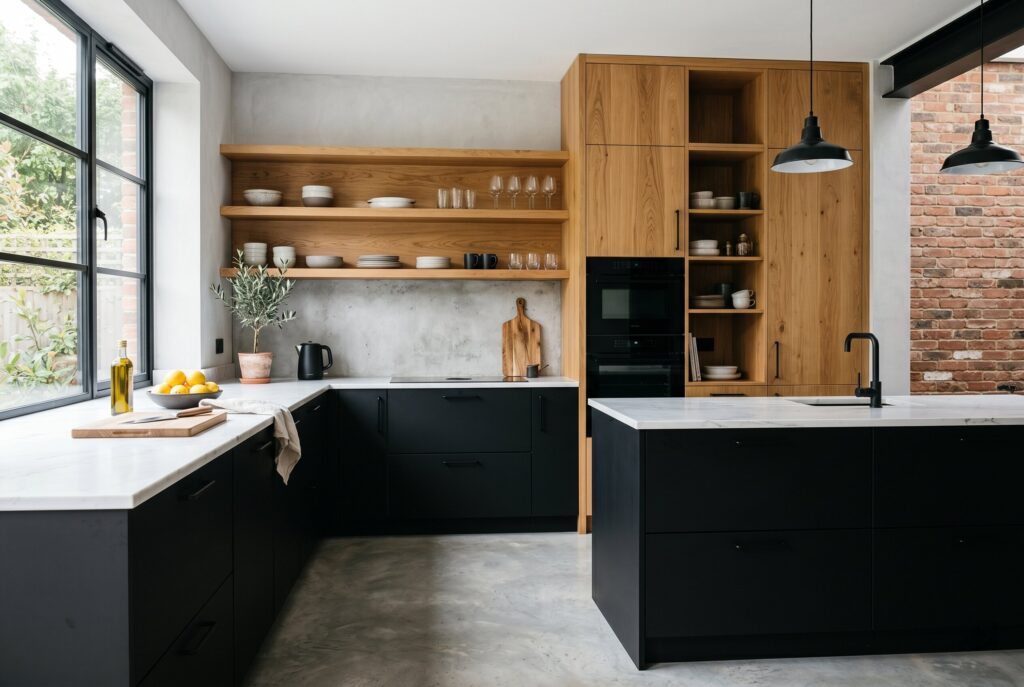 Matte black lower cabinets with oak shelving and cabinets in an industrial kitchen.