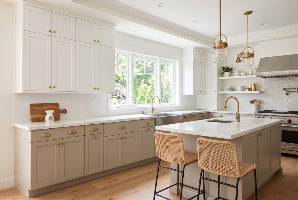 Beige lower cabinets with white uppers in a soft transitional kitchen style. 