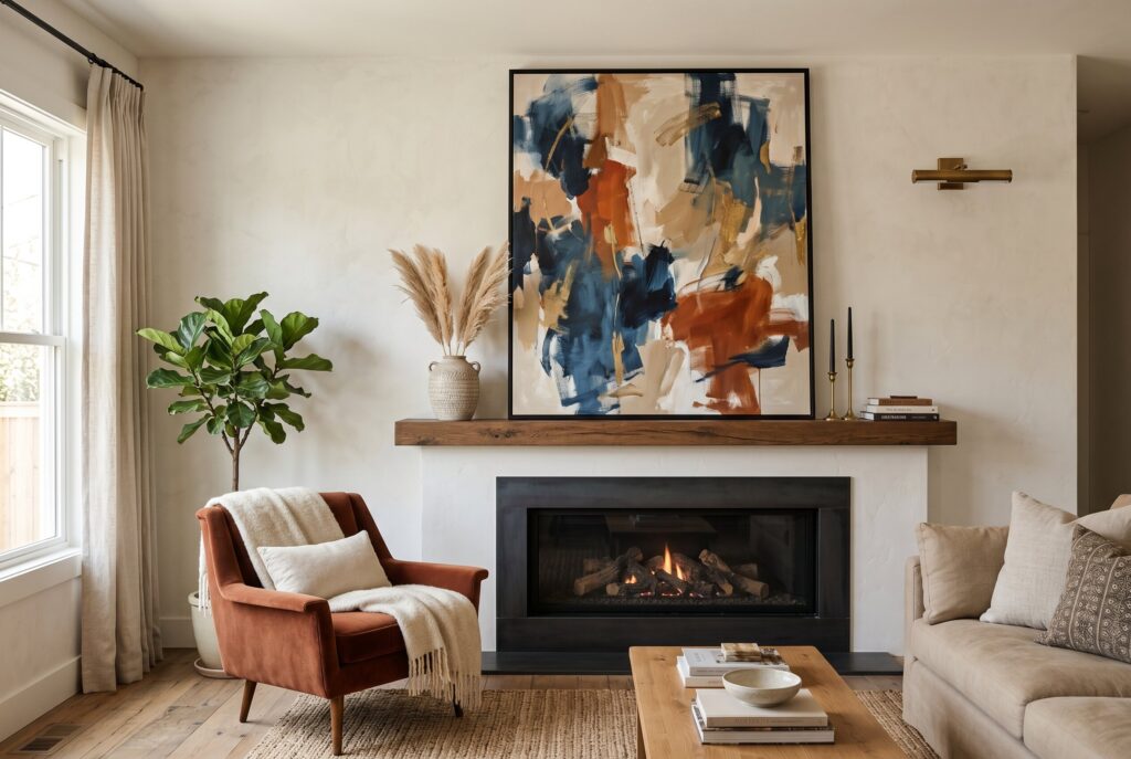 Modern fireplace ideas with oversized abstract artwork above sleek linear fireplace mantel. 