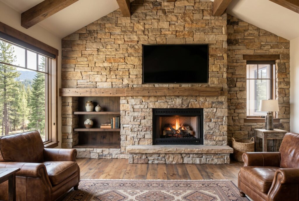 Floor to ceiling stacked stone fireplace wall with TV in rustic modern living room.