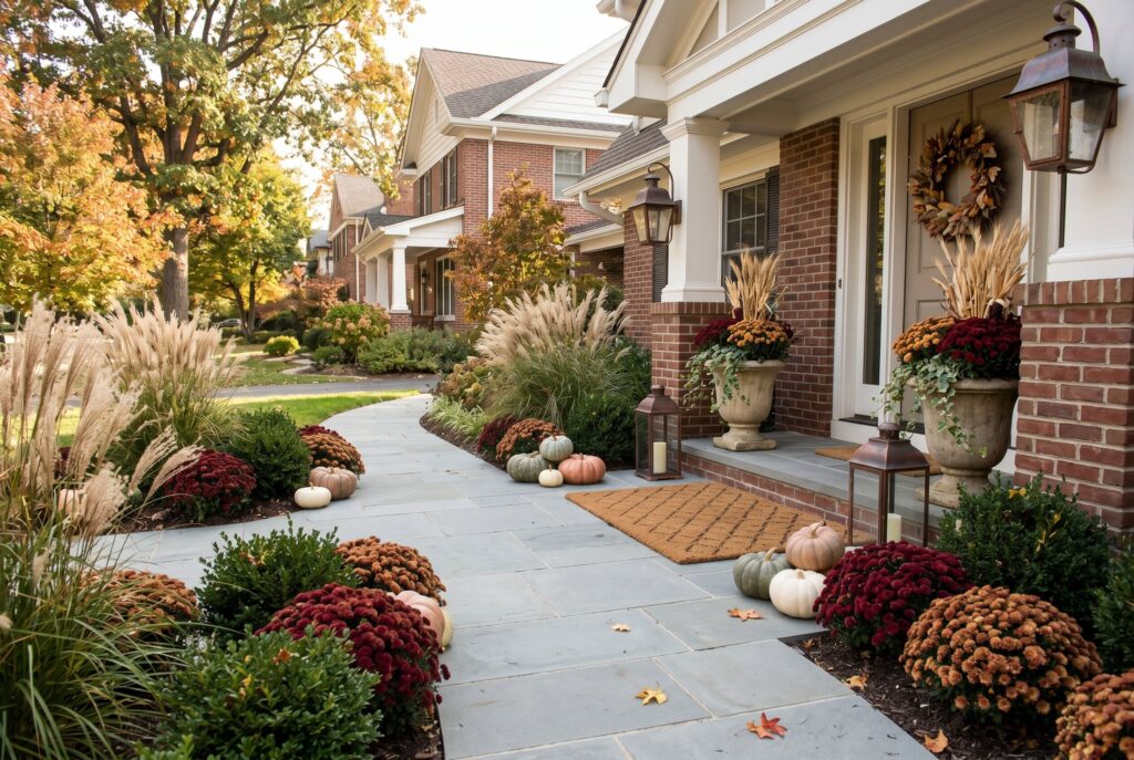 Seasonal front porch decor with pumpkins, mums, and fall landscaping accents.