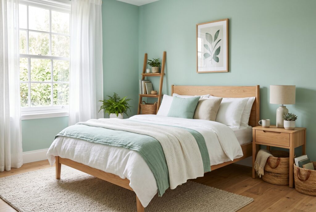Floor to ceiling pale green bedroom with color drenched walls, trim, and ceiling.
