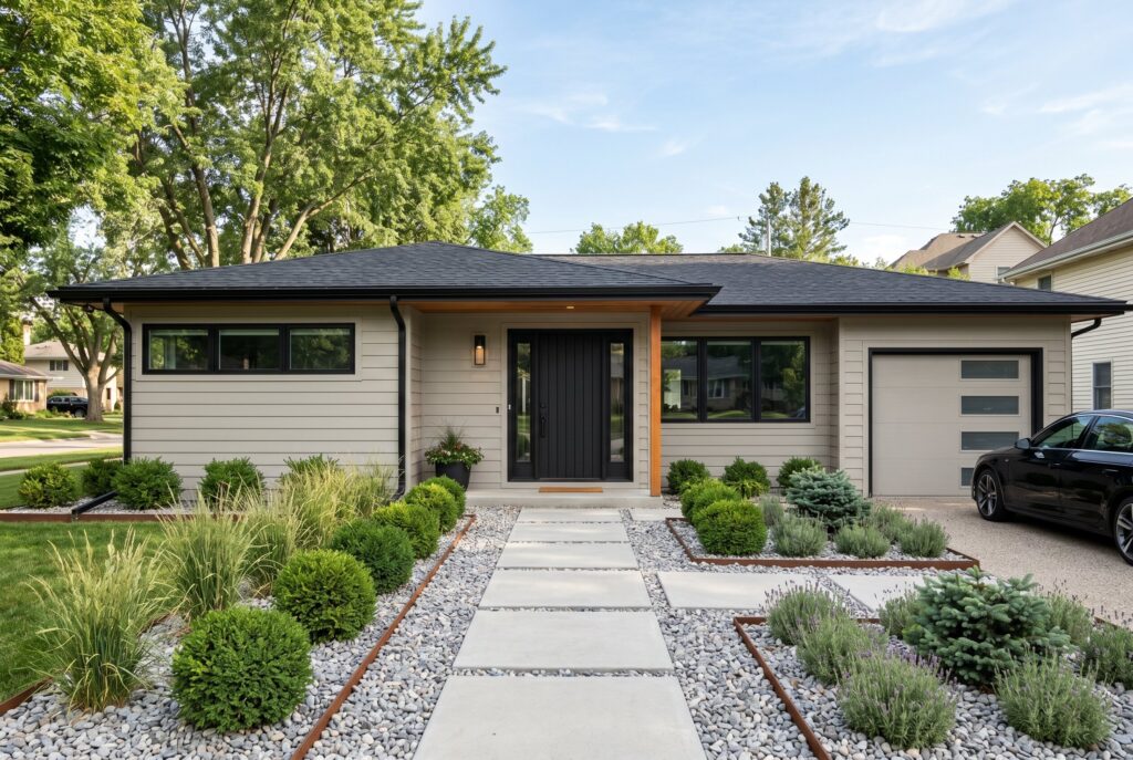 Greige ranch exterior house with black windows and modern landscaping design.