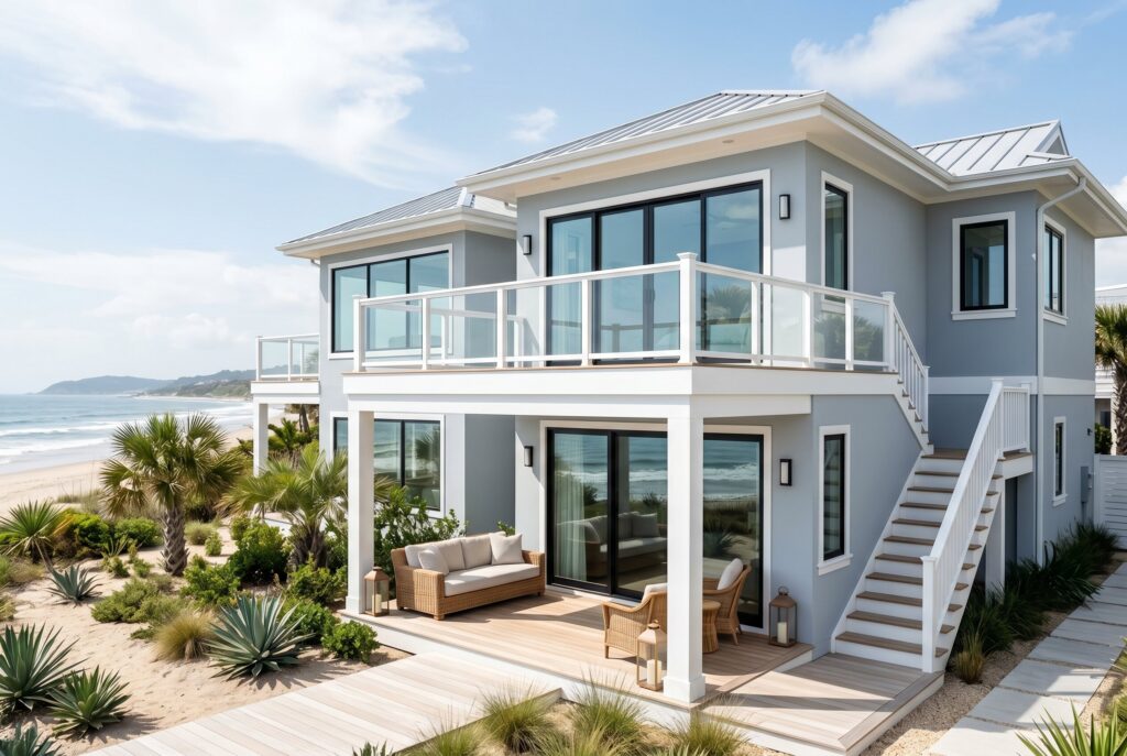 Cool light grey coastal exterior house with white railings and beach house architecture.