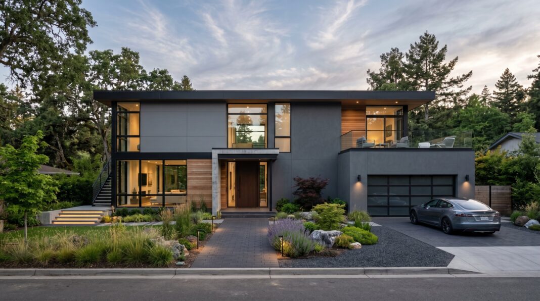 Modern grey exterior house colors with dark charcoal siding and luxury contemporary architecture.