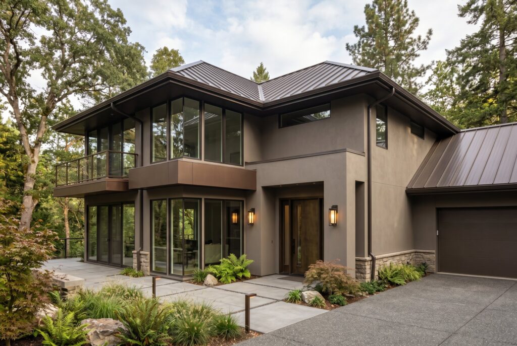 Mushroom greige exterior house colors with bronze roof details and warm modern design.
