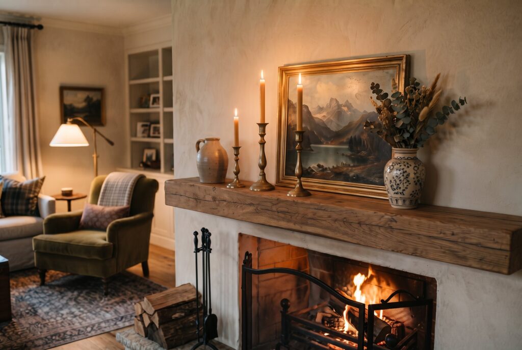 Brass candlesticks layered on rustic wood fireplace mantel with vintage fireplace decor ideas.