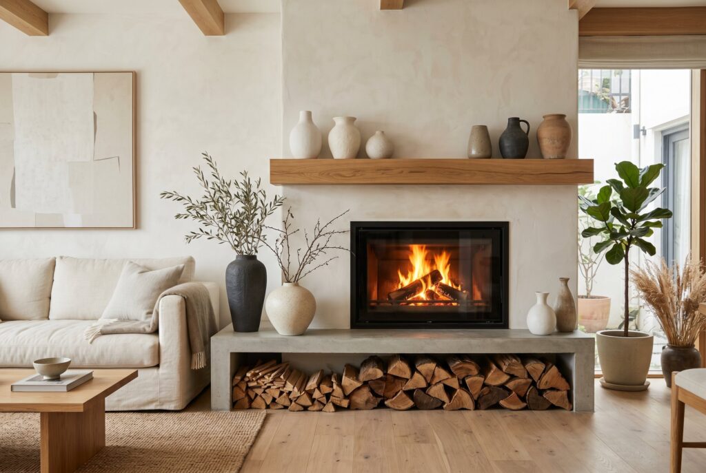 Sculptural ceramic vases on modern fireplace mantel with organic neutral living room styling. 