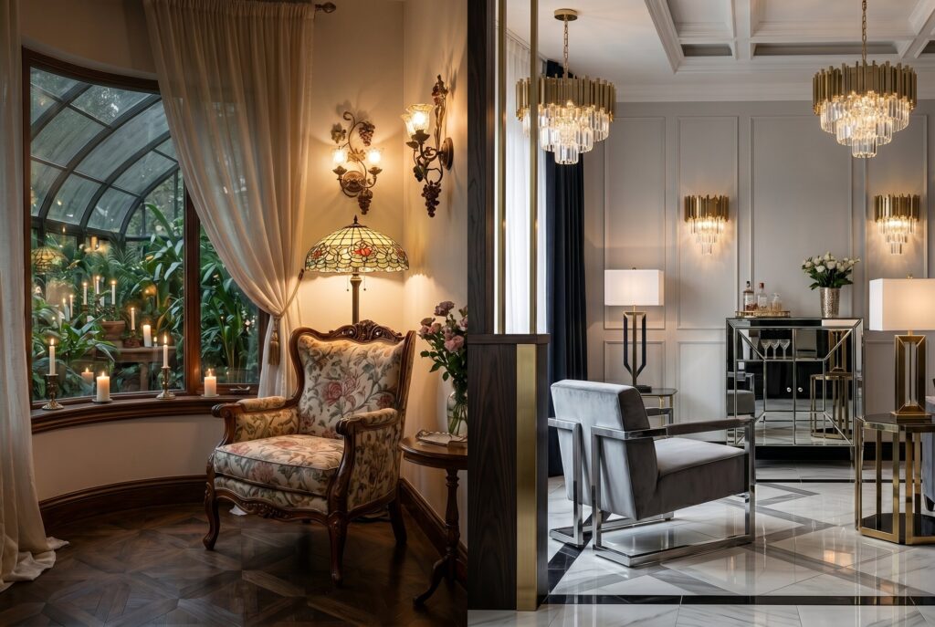 Romantic Art Nouveau interior beside luxurious Art Deco living room with chandeliers and symmetry.