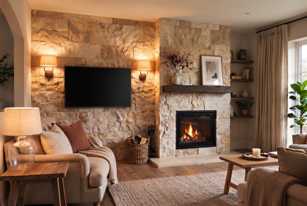 Split face travertine stone fireplace ideas with TV and warm modern living room decor.