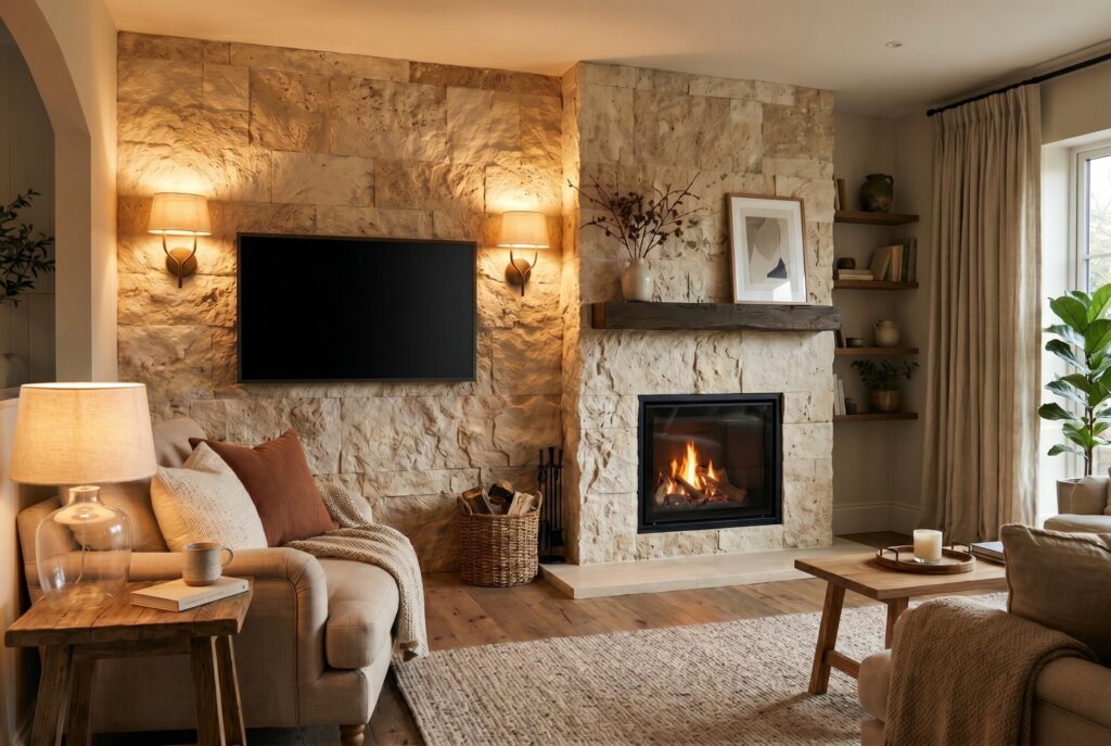 Split face travertine stone fireplace ideas with TV and warm modern living room decor.