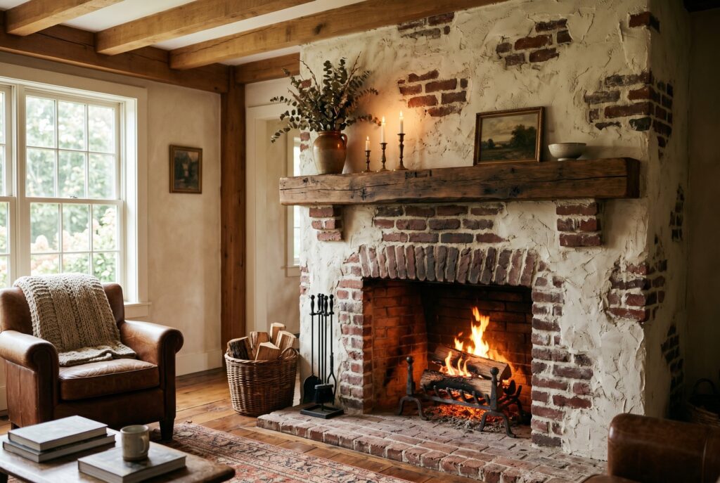 Painted brick fireplace remodel ideas with white oak mantel and organic modern styling. 