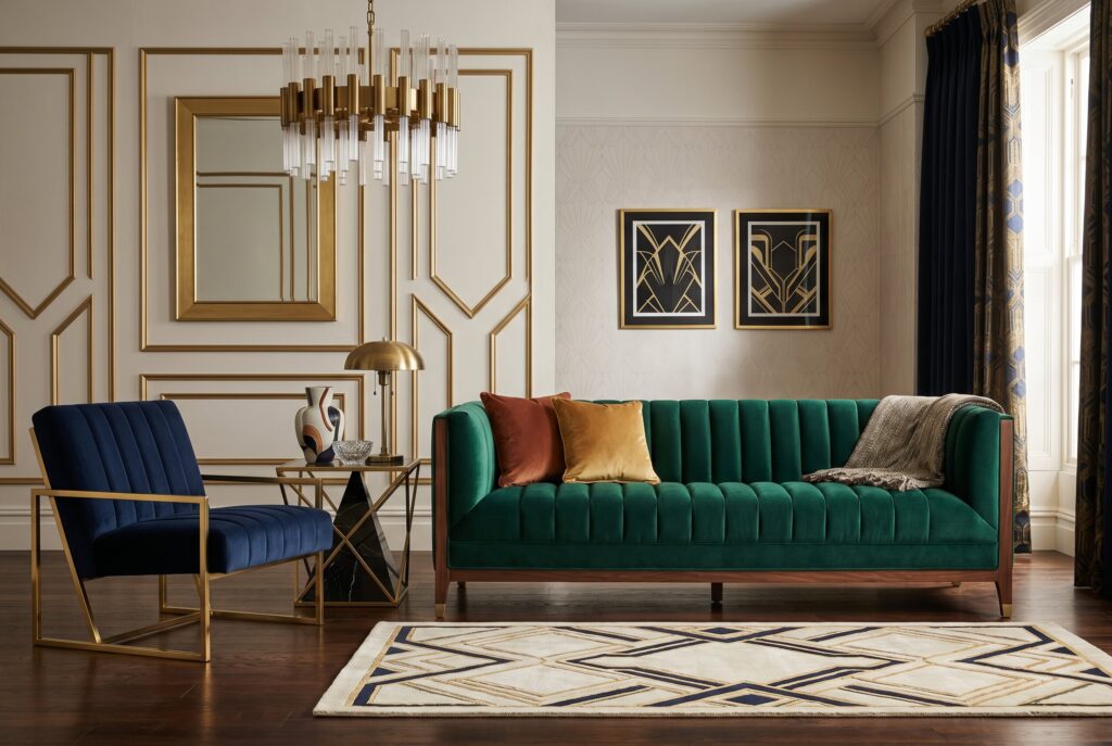 Channel tufted velvet sofa in luxurious Art Deco living room with geometric wall molding. 