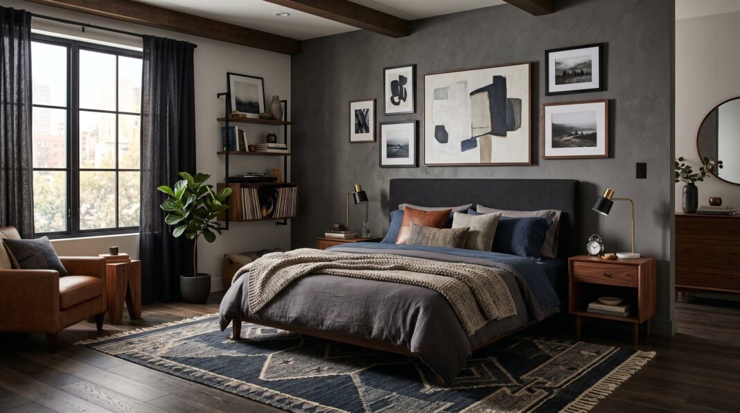 Masculine bedroom ideas with moody gray walls, layered bedding, and warm wood furniture.