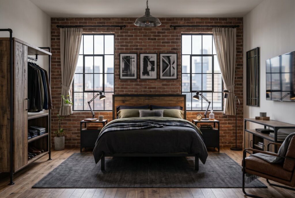Industrial metal accent bedroom with exposed brick wall and black framed windows. 