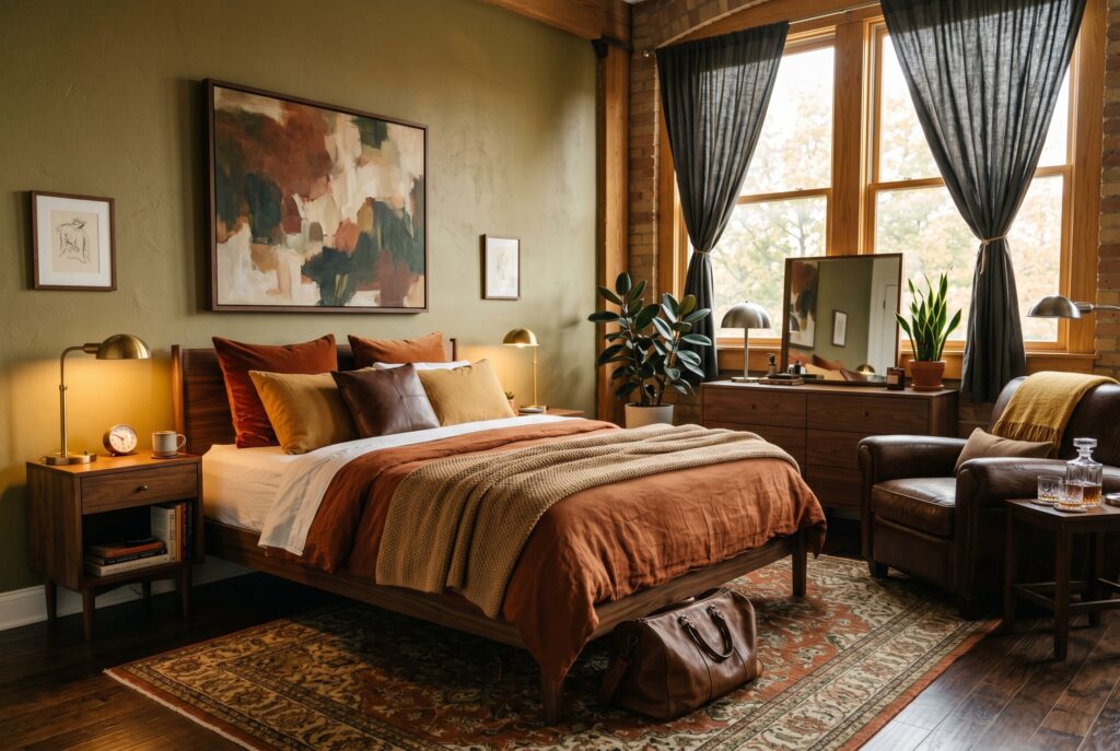 Earth tone masculine bedroom with rust bedding, leather chair, and warm wood accents. 