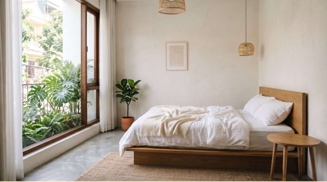 Minimalist bedroom ideas with low platform bed and warm neutral Japandi bedroom styling.