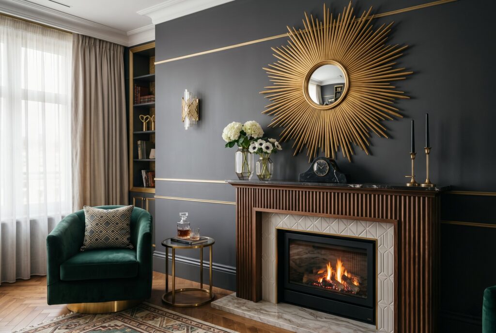 Elegant Art Deco living room with brass sunburst mirror, fireplace, and velvet accent chair.