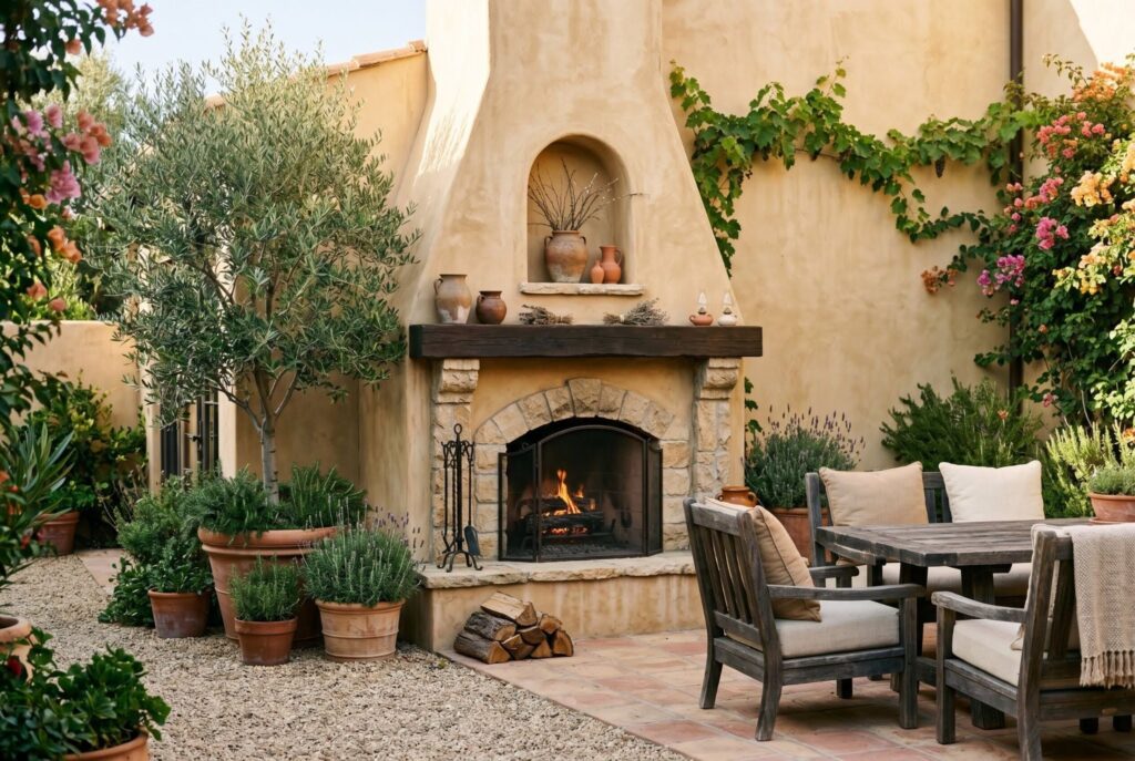 Tuscan outdoor fireplace with stucco walls, stone accents, and Mediterranean patio decor.