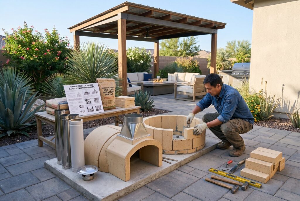 DIY outdoor fireplace kit components with firebrick assembly tools on backyard patio. 