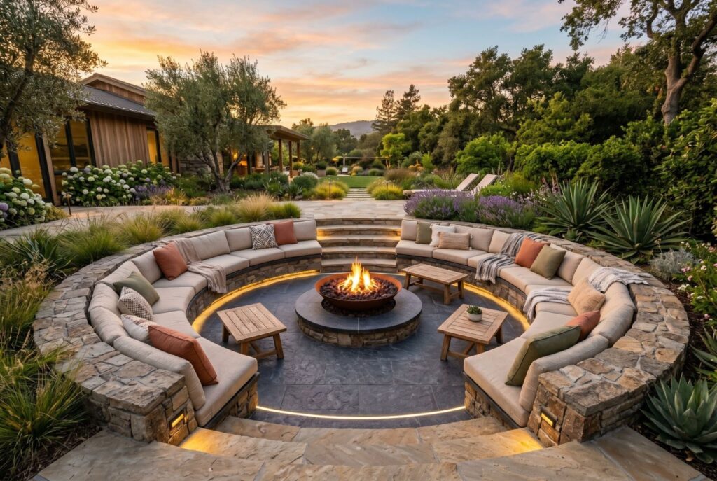 Sunken conversation pit with central outdoor fireplace and curved built in seating.