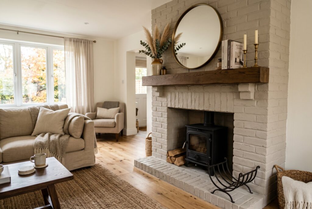 Limewash brick fireplace ideas with rustic mantel and European inspired living room decor. 