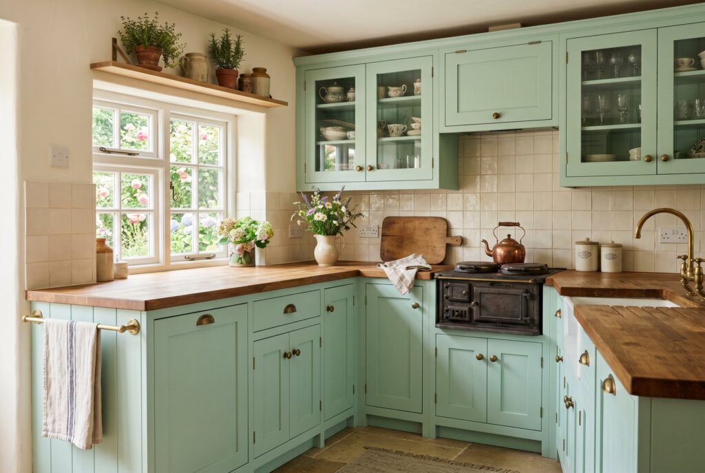 Charming mint green kitchen with wood countertops, vintage stove, and cozy cottage-style details.